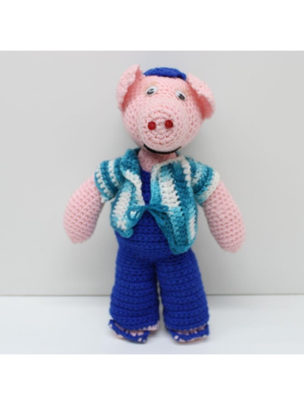 Crochet Knit Stuffed Pink Pig 14 Inch Tall Toy Doll Handmade Vintage